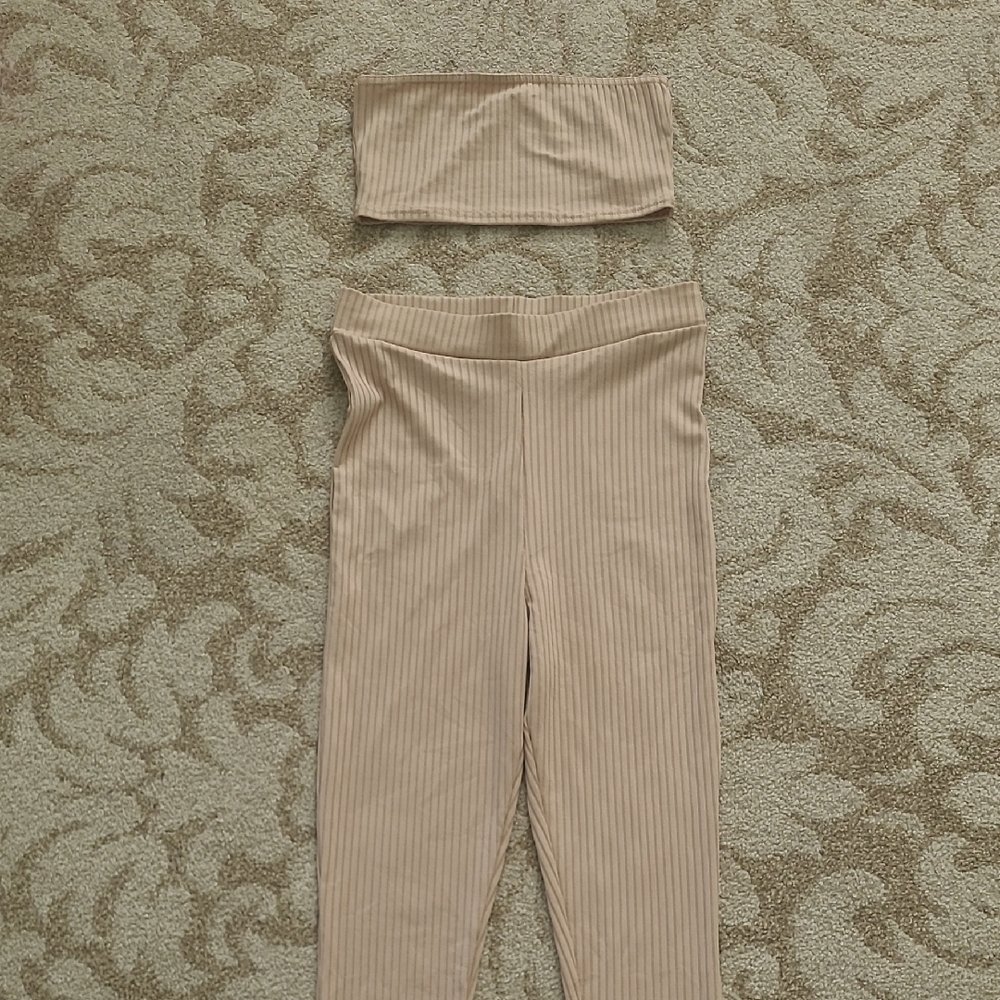 Tan Ribbed Tube Top and Leggings Set